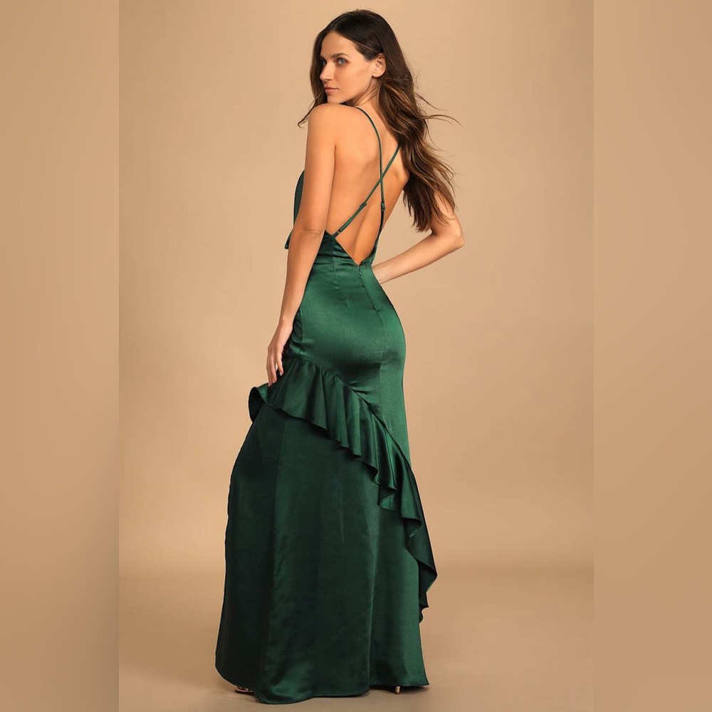 SOLD OUT Lucky Lady Hunter Green Satin Ruffled Maxi Dress - Picture 4 of 12